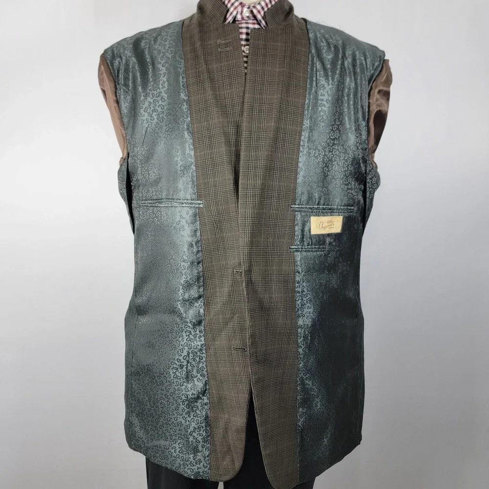Haggar Mens Sport Coat Blazer Two Button Brown Plaid Cotton Poly Rayon Blend 44L